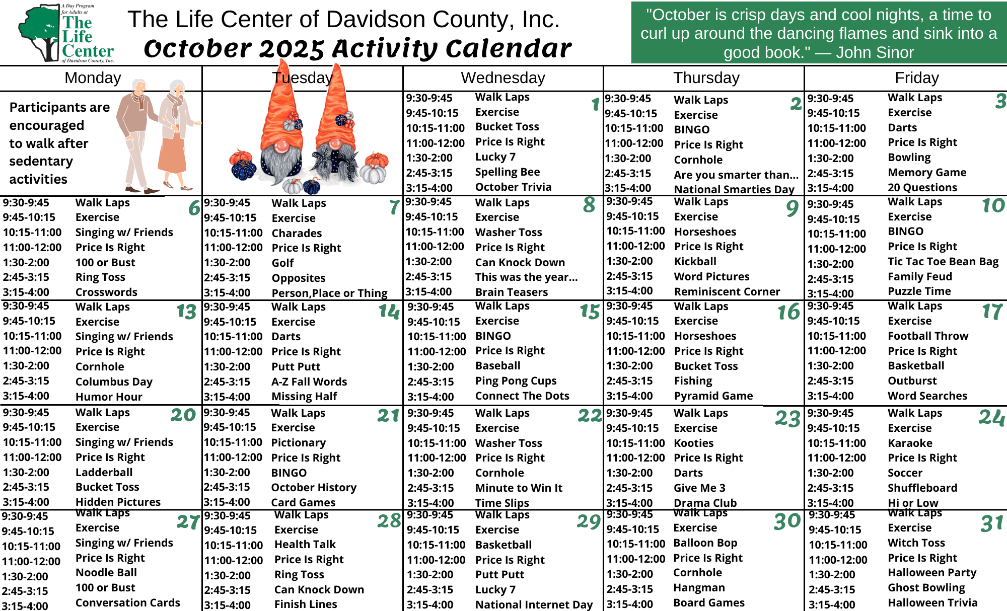 Oct. Activity Calendar